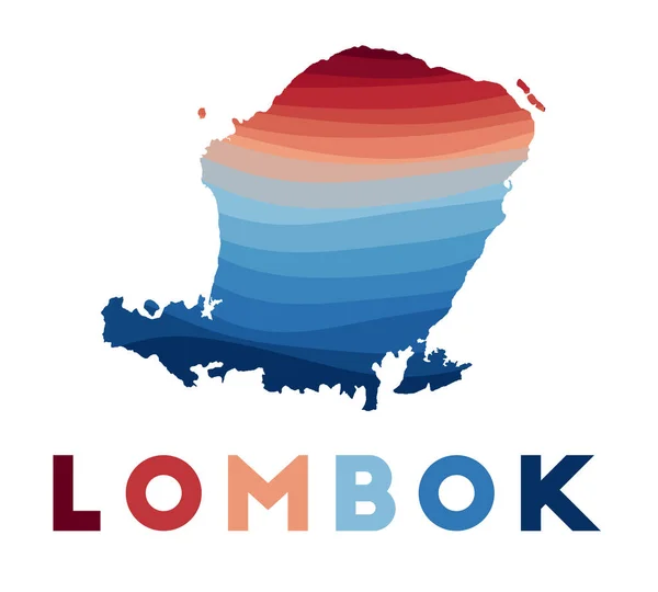 Mapa Lombok Mapa de la isla con hermosas olas geométricas en colores azules rojos Forma Lombok vívida — Vector de stock