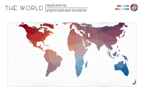 Mapa do mundo com triângulos vibrantes Gringorten quadrado equalarea projeção do mundo Vermelho Azul — Vetor de Stock