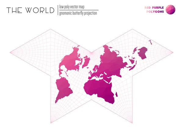 Vector kaart van de wereld Gnomonische vlinder projectie van de wereld Rood Paars gekleurde polygonen — Stockvector