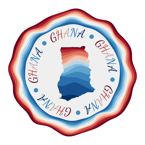 Insignia de Ghana Mapa del país con hermosas olas geométricas y vibrante marco rojo azul Vivid — Vector de stock