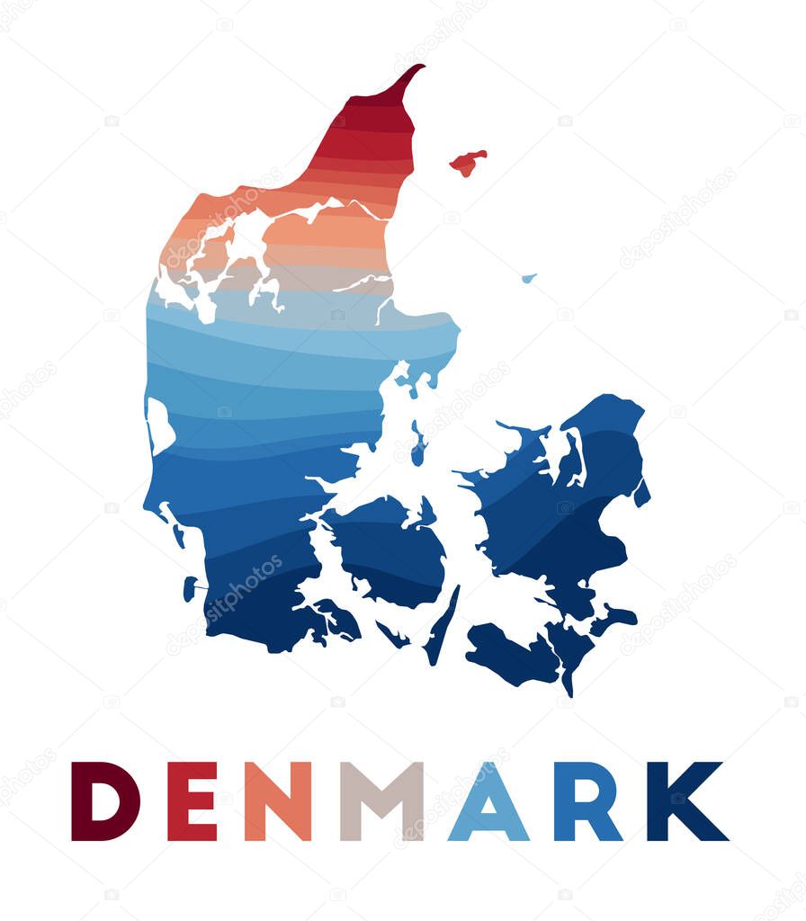Denmark map. Map of the country with beautiful geometric waves in red blue colors. Vivid Denmark shape. Vector illustration.