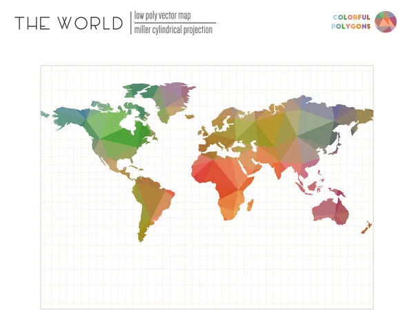 Basso poli mappa del mondo Miller proiezione cilindrica del mondo Poligoni colorati colorati Bella — Vettoriale Stock