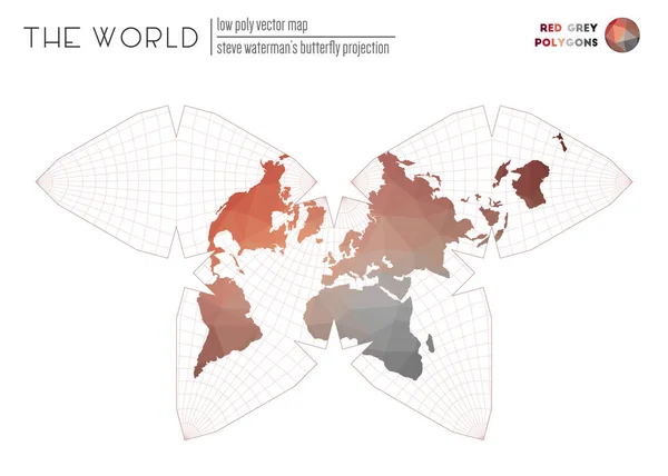 Driehoekig mazen van de wereld Steve Watermans vlinder projectie van de wereld Rood Grijs gekleurd — Stockvector