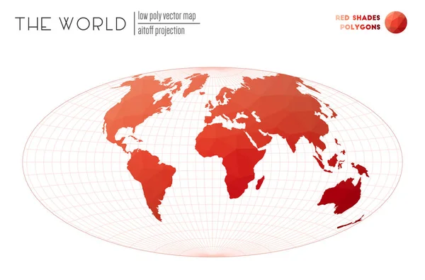 Wereldkaart in polygonale stijl Aitoff projectie van de wereld Rode Schaduwen gekleurde polygonen Netjes — Stockvector