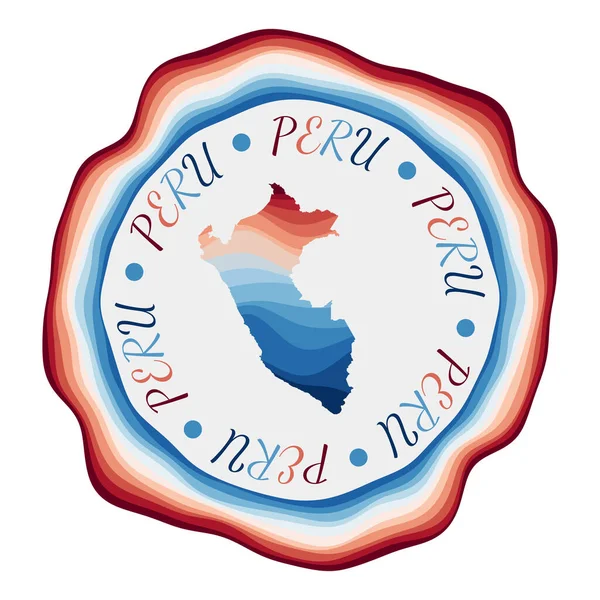 Insignia de Perú Mapa del país con hermosas olas geométricas y vibrante marco rojo azul Vivid — Vector de stock