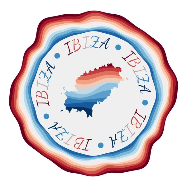Ibiza-Abzeichen Karte der Insel mit schönen geometrischen Wellen und lebendigen rot-blauen Rahmen Vivid — Stockvektor