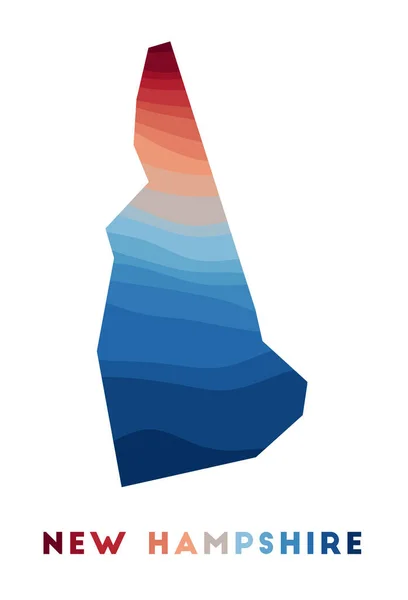 Mapa de New Hampshire Mapa do estado dos EUA com belas ondas geométricas em vermelho cores azuis Vivid Novo —  Vetores de Stock