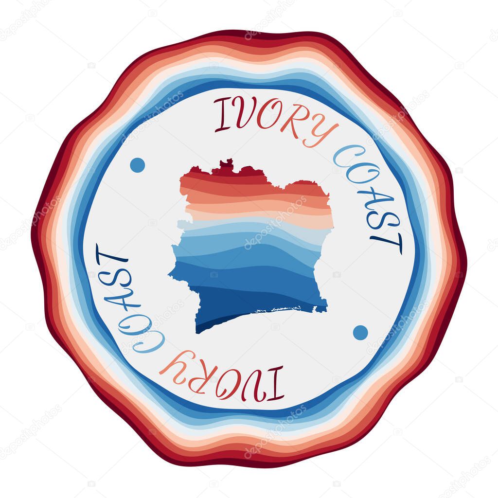 Ivory Coast badge Map of the country with beautiful geometric waves and vibrant red blue frame