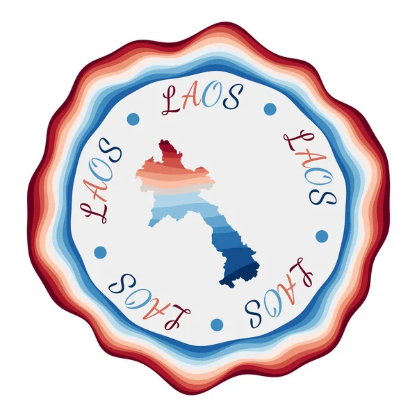 Distintivo do Laos Mapa do país com belas ondas geométricas e moldura azul vermelho vibrante Vivid —  Vetores de Stock