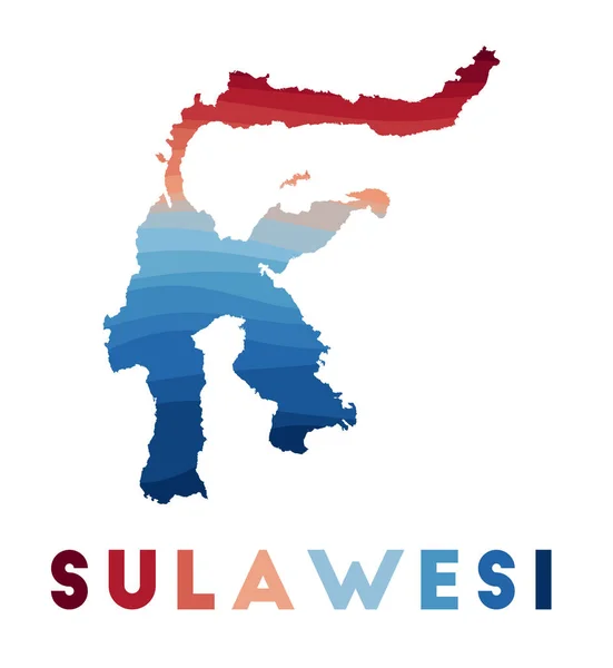 Mapa de Sulawesi Mapa de la isla con hermosas olas geométricas en colores rojos azules Vivid Sulawesi — Vector de stock