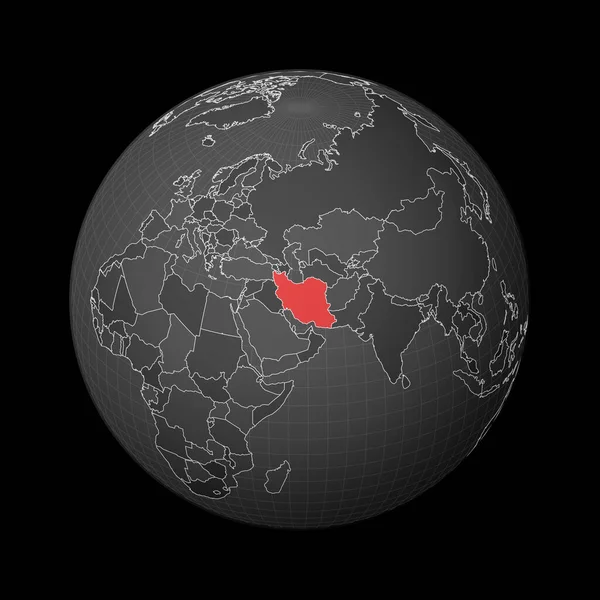 Globo oscuro centrado en Irán País resaltado con color rojo en el mapa mundial Mundo satélite — Vector de stock