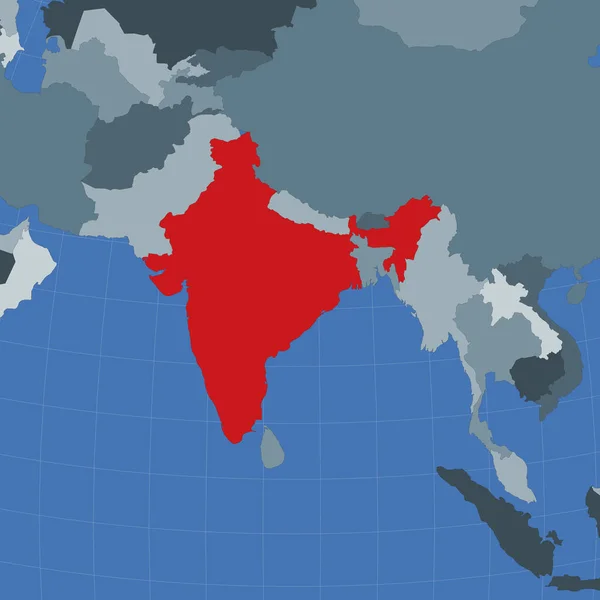 Tvar Indie v kontextu sousedních zemí Země zvýrazněná červenou barvou na světě — Stockový vektor