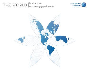 Dünyanın çokgen haritası Dünyanın eksantrik Gingery dünya projeksiyonu Mavi Gölgeler