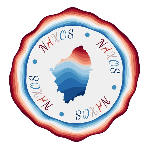 Placa de Naxos Mapa de la isla con hermosas olas geométricas y vibrante marco rojo azul Vivid — Vector de stock