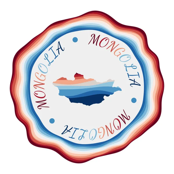 Insignia de Mongolia Mapa del país con hermosas olas geométricas y vibrante marco azul rojo Vivid — Vector de stock