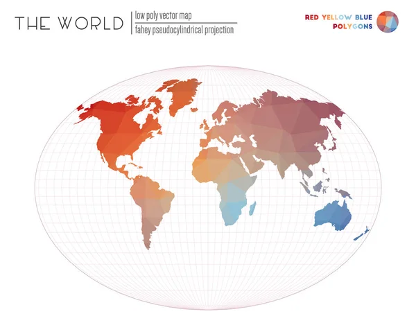 Polygonale wereldkaart Fahey pseudocilindrische projectie van de wereld Rood Geel Blauw gekleurd — Stockvector