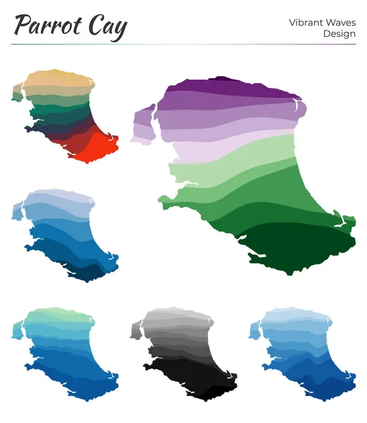 Zestaw map wektorowych Parrot Cay Projektowanie fal wibrujących Jasna mapa wyspy w geometrycznej gładkości — Wektor stockowy