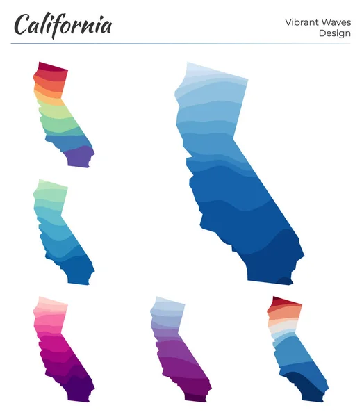 Ensemble de cartes vectorielles de Californie Conception d'ondes vibrantes Carte lumineuse de nous état en lisse géométrique — Image vectorielle