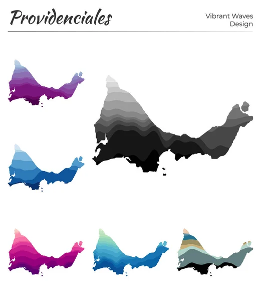 Conjunto de mapas vectoriales de Providenciales Diseño de ondas vibrantes Mapa brillante de la isla en geometría lisa — Vector de stock