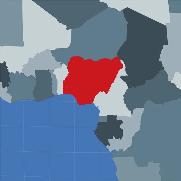 Forma de la Nigeria en el contexto de los países vecinos País destacado con el color rojo en el mundo — Vector de stock