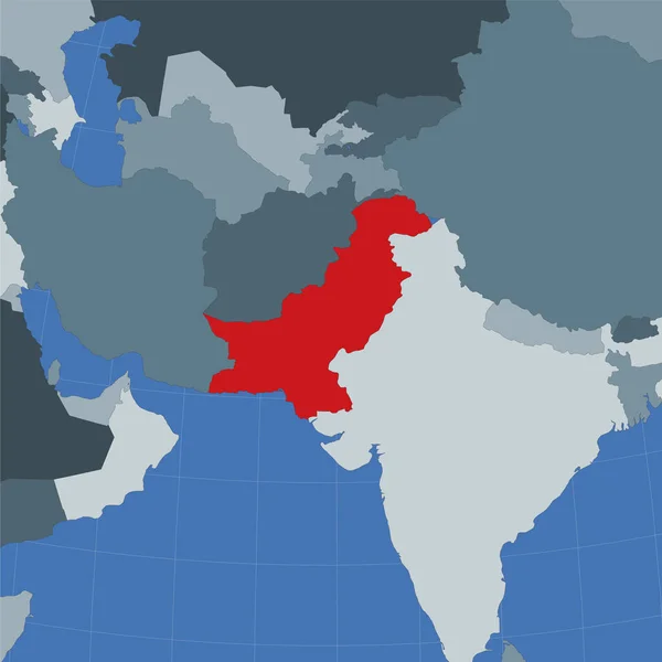 Vorm van Pakistan in de context van buurlanden Land gemarkeerd met rode kleur op de wereld — Stockvector