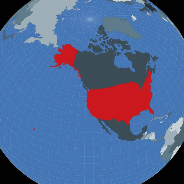 이웃 나라 국가의 맥락에서 미국의 형상 세계 지도에 빨간색으로 강조 국가 — 스톡 벡터