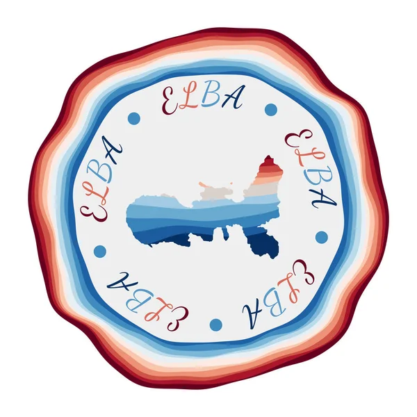 Insignia de Elba Mapa de la isla con hermosas olas geométricas y vibrante marco azul rojo — Vector de stock