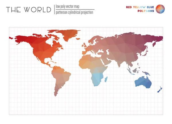 Mapa vetorial do mundo Patterson projeção cilíndrica do mundo Vermelho Amarelo Azul colorido — Vetor de Stock