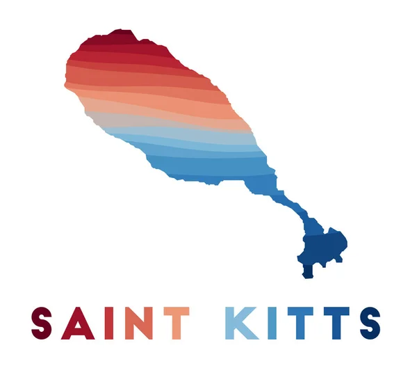 Mapa de Saint Kitts Mapa de la isla con hermosas olas geométricas en colores azules rojos — Vector de stock