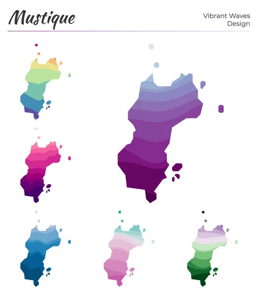 Conjunto de mapas vetoriais de Mustique Design de ondas vibrantes Mapa brilhante da ilha em liso geométrico — Vetor de Stock