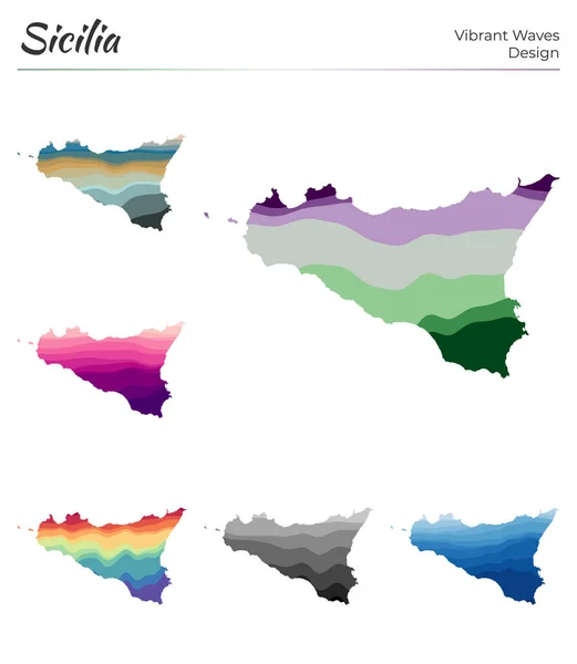 Állítsa be a vektor térképek Szicília Vibráns hullámok design Fényes térképe sziget geometriai sima görbék — Stock Vector