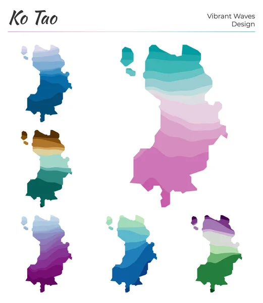 Set di mappe vettoriali di Ko Tao Design a onde vibranti Luminosa mappa dell'isola in curve geometriche lisce — Vettoriale Stock