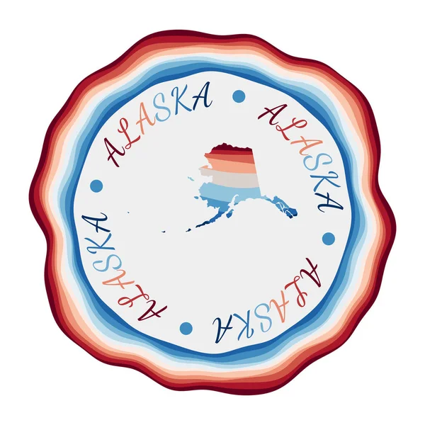 Insignia de Alaska Mapa del estado de los Estados Unidos con hermosas ondas geométricas y vibrante marco azul rojo Vivid — Vector de stock