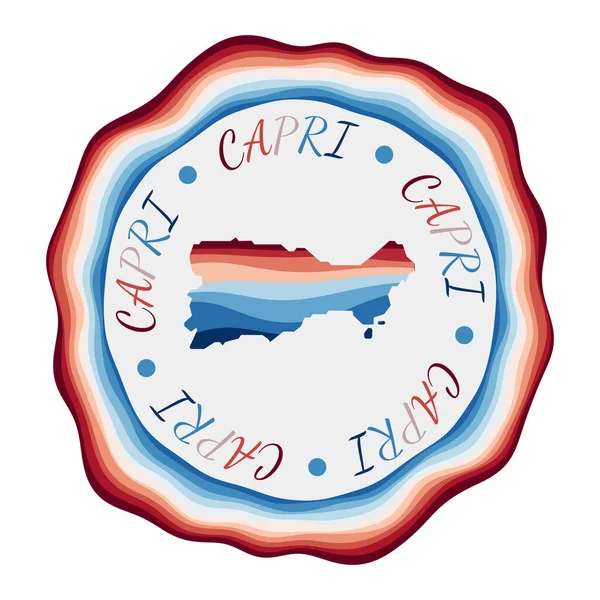 Capri badge Kaart van het eiland met prachtige geometrische golven en levendig rood blauw frame Levendig — Stockvector