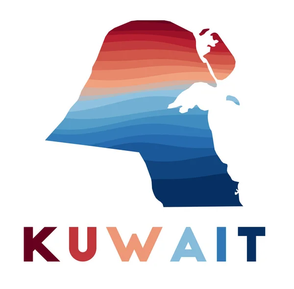 붉은 청색의 아름다운 기하학적 파동이 있는 나라의 지도 Vivid Kuwait — 스톡 벡터