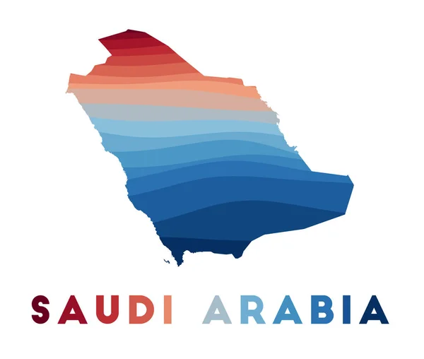 Mapa de Arabia Saudita Mapa del país con hermosas olas geométricas en colores azules rojos — Archivo Imágenes Vectoriales