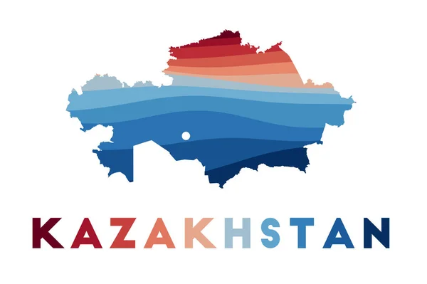 Kazakstan karta Karta över landet med vackra geometriska vågor i röda blå färger Vivid — Stock vektor
