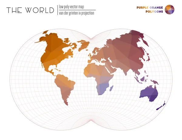 Abstract wereldkaart Van der Grinten IV projectie van de wereld Paars Oranje gekleurde polygonen — Stockvector