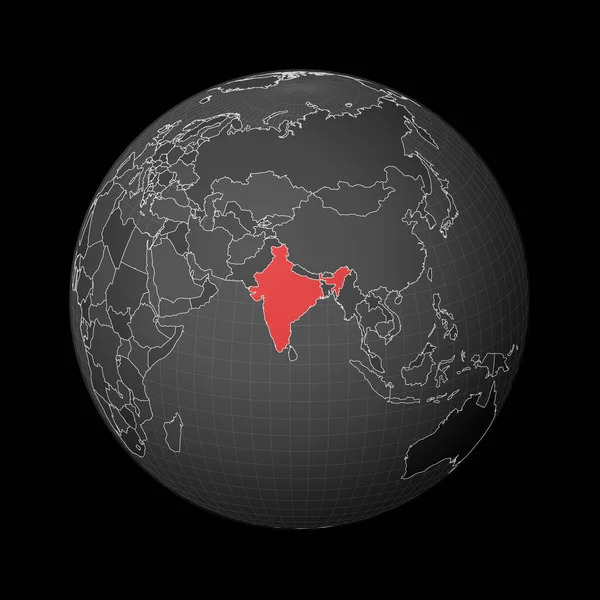 以印度为中心的暗地球国家在世界地图上用红色突出显示卫星世界 — 图库矢量图片