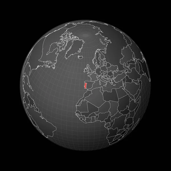 Tmavá koule soustředěná do Portugalska Země zvýrazněná červenou barvou na mapě světa Satelitní svět — Stockový vektor