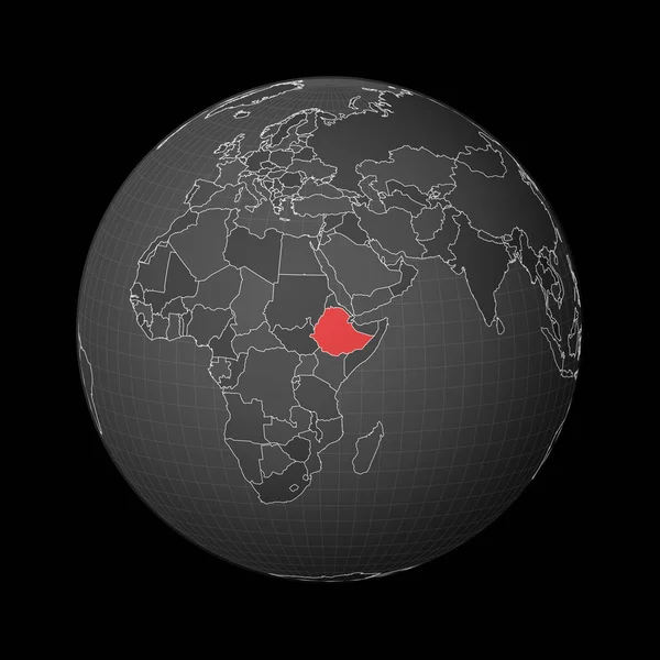 Темный шар с центром в Эфиопии Страна выделена красным цветом на карте мира Спутниковый мир — стоковый вектор