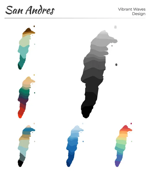 Conjunto de mapas vectoriales de San Andrés Diseño de ondas vibrantes Mapa brillante de la isla en suave geométrico — Archivo Imágenes Vectoriales