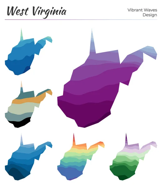 Множина векторних карт Західної Вірджинії Дизайн хвиль Яскраве відображення нас стану в геометричній — стоковий вектор