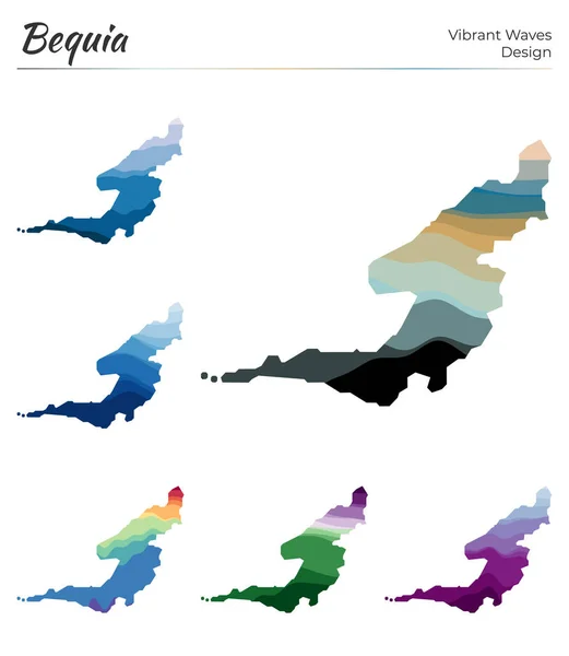 Conjunto de mapas vectoriales de Bequia Diseño de ondas vibrantes Mapa brillante de la isla en curvas geométricas lisas — Archivo Imágenes Vectoriales