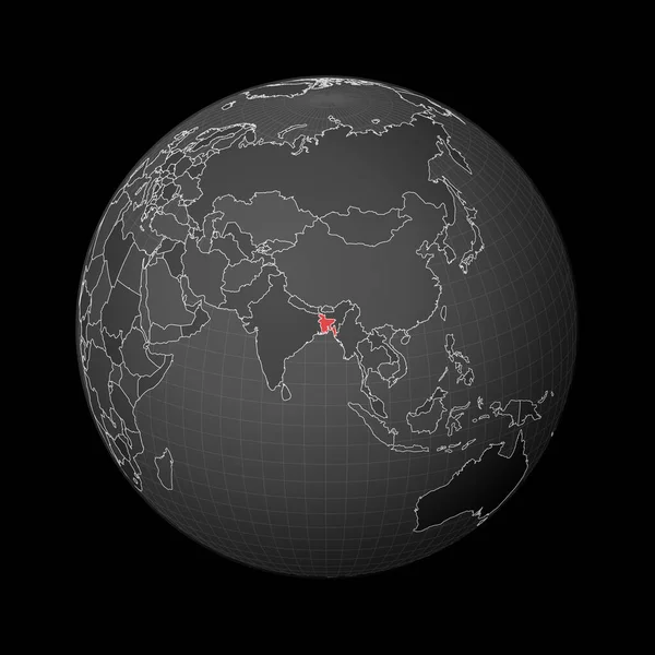 Dunkler Globus um Bangladesch Land mit roter Farbe auf Weltkarte Satellitenwelt hervorgehoben — Stockvektor