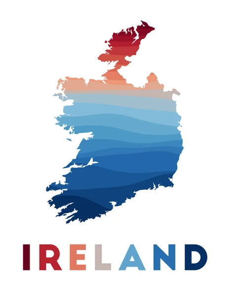 Irland karta Karta över landet med vackra geometriska vågor i röda blå färger Vivid Irland — Stock vektor