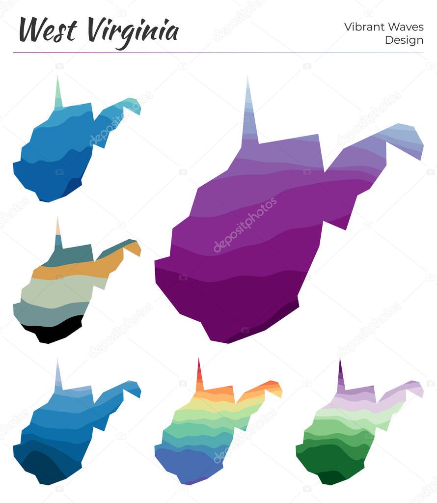 Set of vector maps of West Virginia Vibrant waves design Bright map of us state in geometric