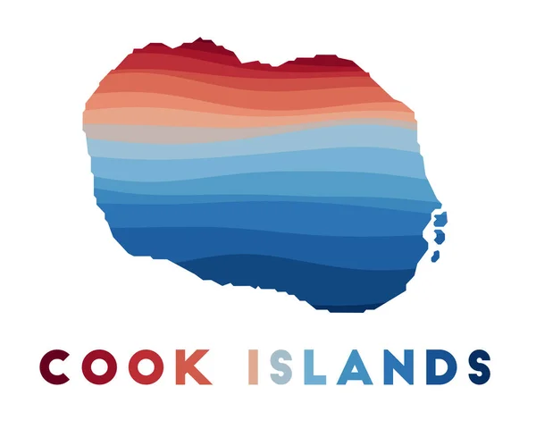 Mapa de las Islas Cook Mapa de la isla con hermosas olas geométricas en colores azules rojos — Vector de stock