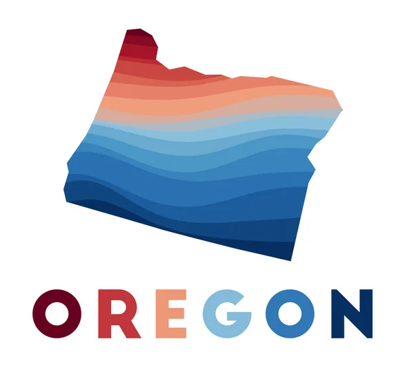 Oregon térkép Térkép az USA állam gyönyörű geometrikus hullámok piros kék színek Vivid Oregon — Stock Vector