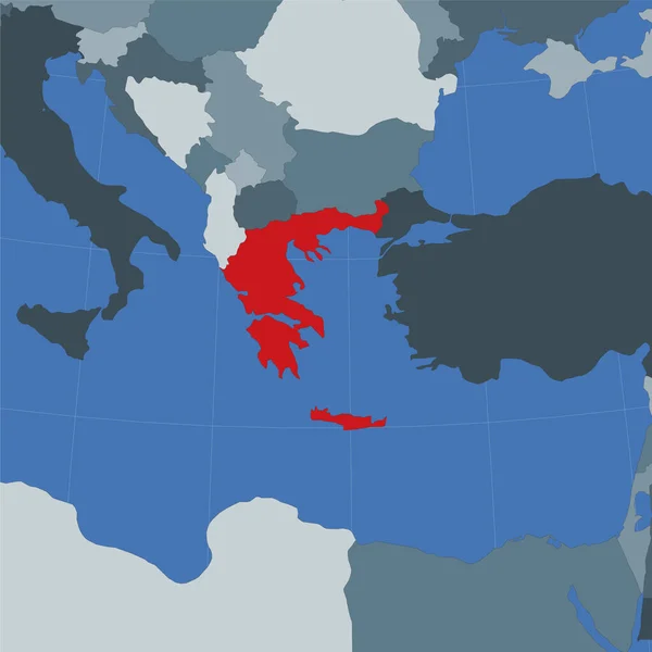 Yunanistan 'ın komşu ülkeler bağlamında şekli, dünyaya kırmızı renkle vurgulandı — Stok Vektör